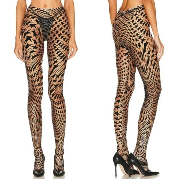 Mugler Footed Star Legging inBlack Sheer Mesh Flocked Tights - Picture 2 of 6